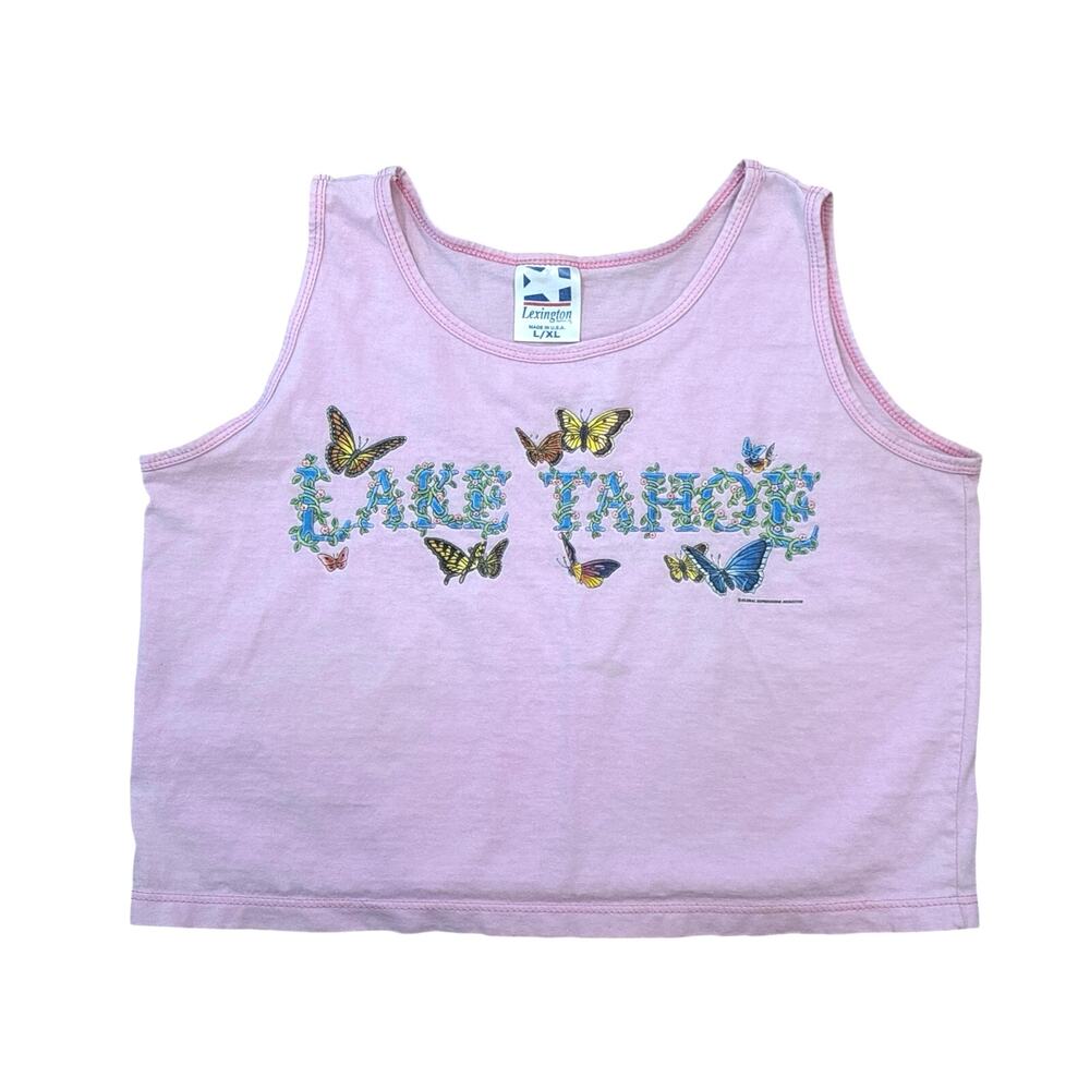Vtg 90s Lake Tahoe Embroidered butterfly pink tank top women’s L/XL crop top